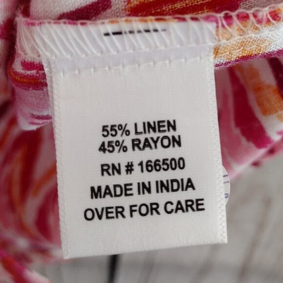 Emily Daniels Pink-Multi Ikat Linen-Blend V-Neck 1/2-Sleeve Button-Up Top Small - Picture 7 of 9